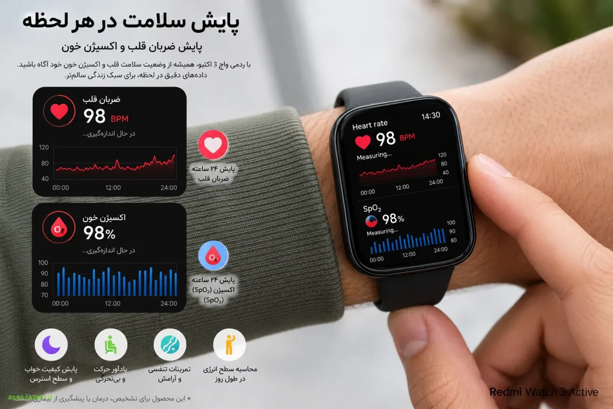 ویژگیهای پایش سلامت Redmi Watch 3 Active پایش ضربان قلب و اکسیژن خون در ساعت هوشمند ردمی واچ 3 اکتیو