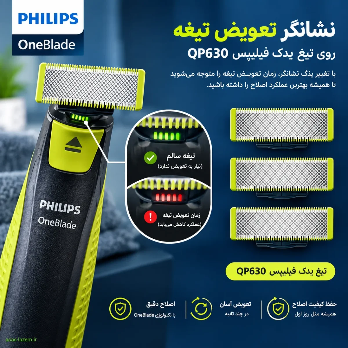 نشانگر تعویض تیغه روی تیغ یدک فیلیپس QP630