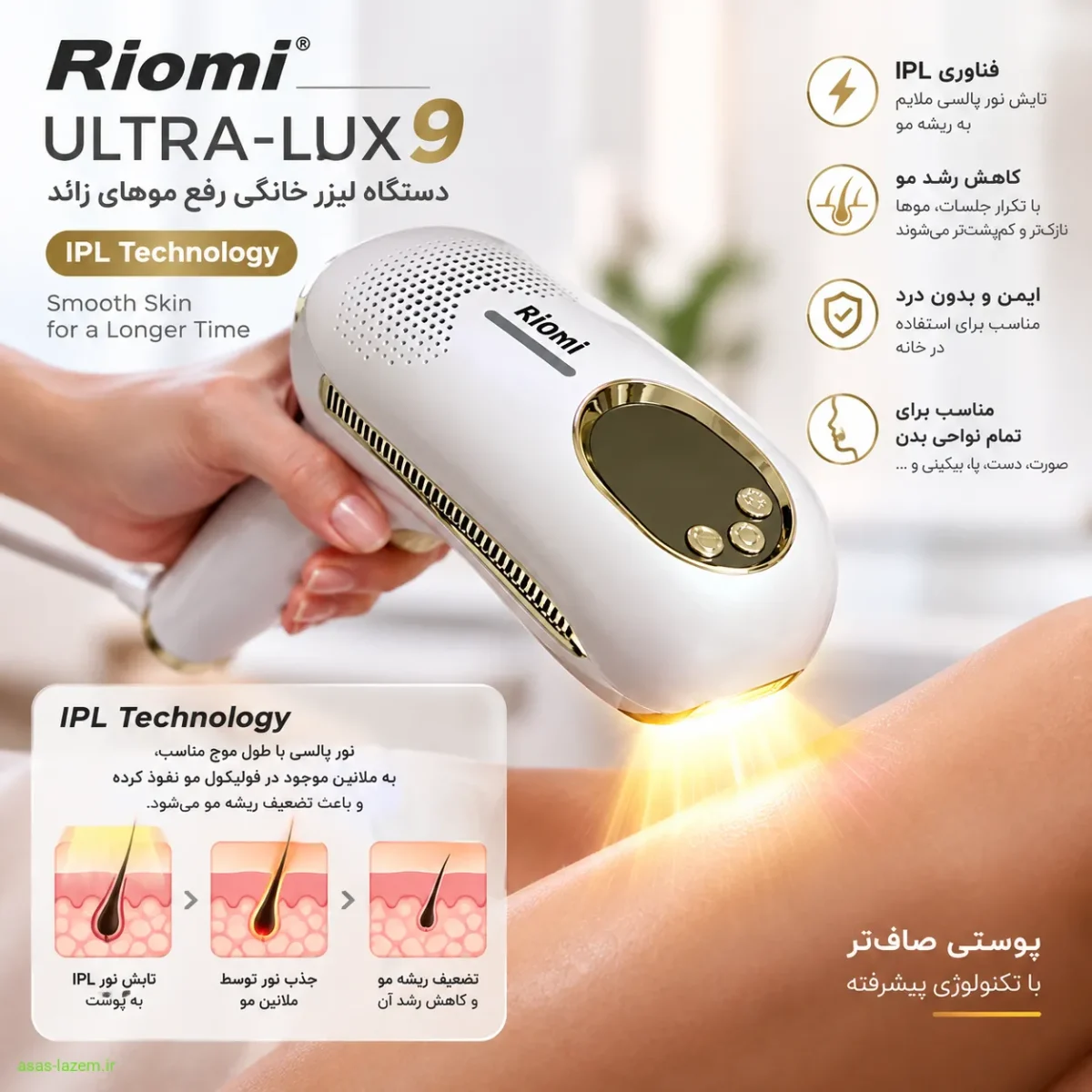 نمایش فناوری IPL و تابش نور دستگاه لیزر ریومی ULTRA-LUX9 روی پوست