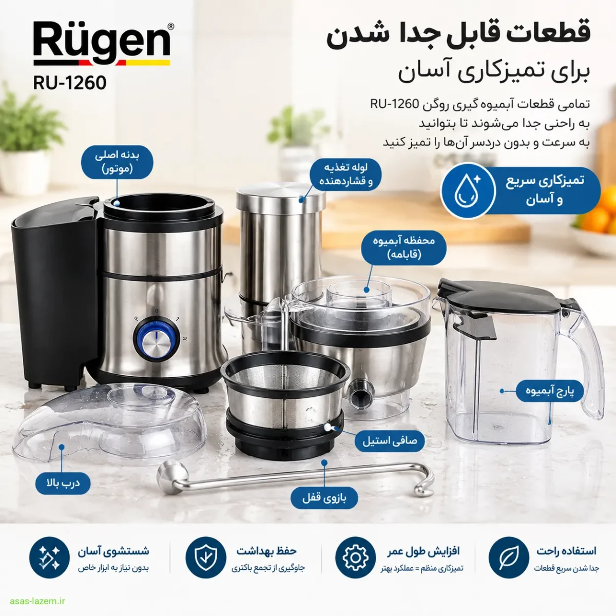 قطعات قابل جدا شدن آبمیوه گیری روگن RU-1260 برای تمیزکاری