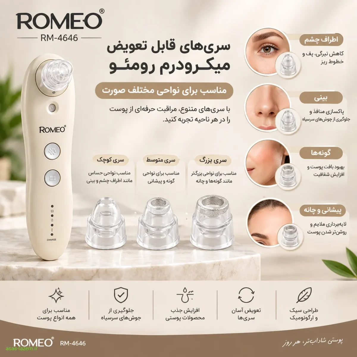 سری های قابل تعویض میکرودرم رومئو Rm-4646 برای نواحی مختلف صورت