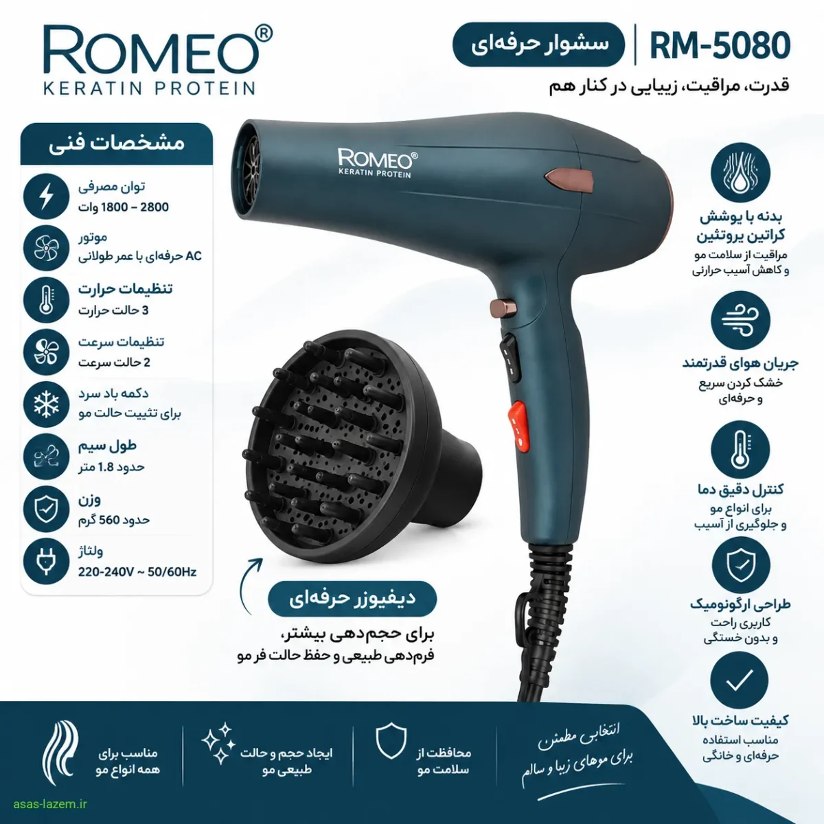 مشخصات فنی سشوار رومئو RM-5080 و دیفیوزر آن