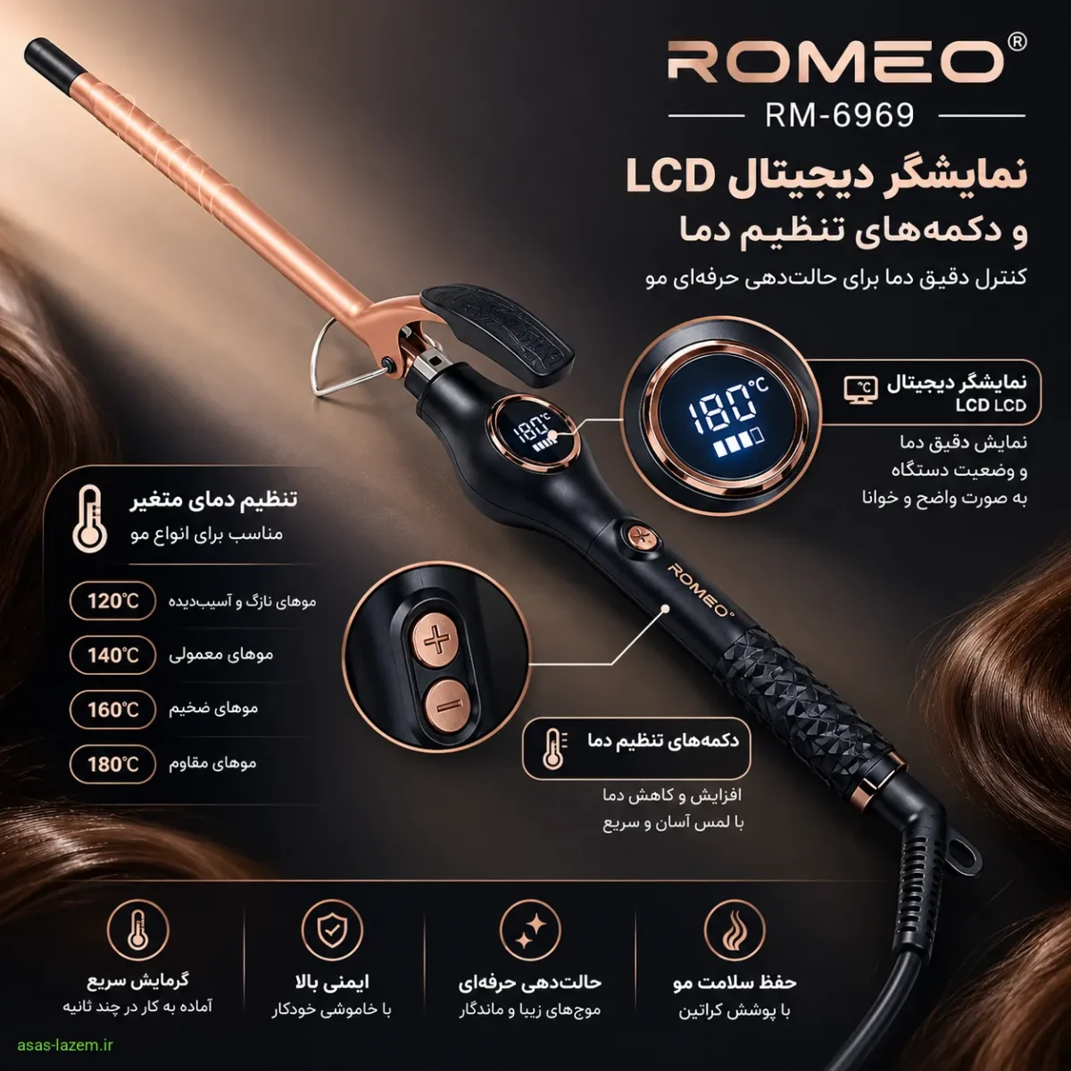 نمایشگر دیجیتال رومئو RM-6969 نمایشگر دیجیتال LCD و دکمههای تنظیم دما در فر کننده و حالت دهنده مو رومئو RM-6969