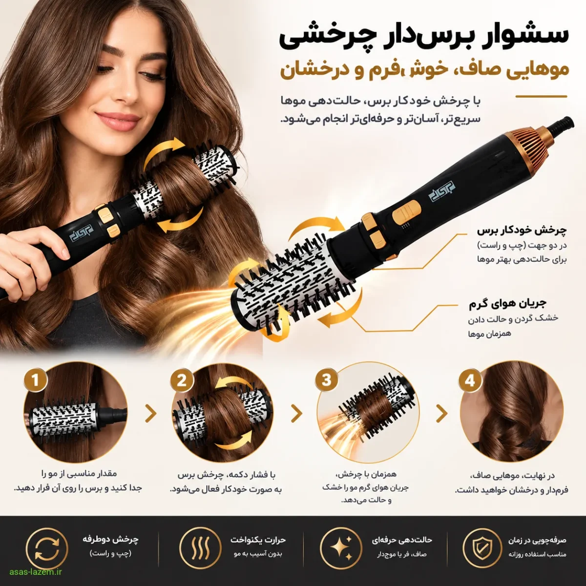 مفهوم عملکرد سشوار برس دار چرخشی در حالت دادن به مو