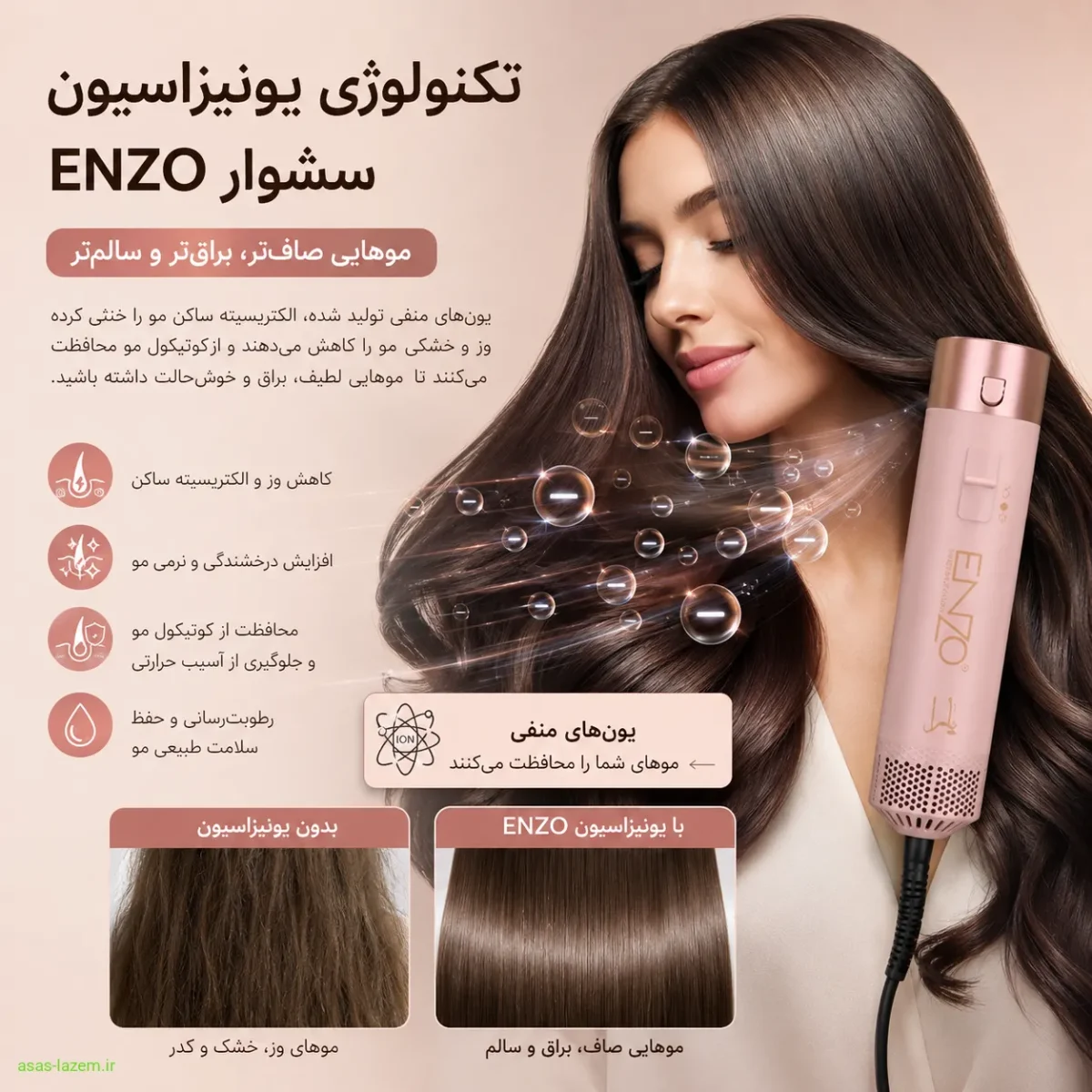 تکنولوژی یونیزاسیون سشوار انزو برای کاهش وز و محافظت از مو