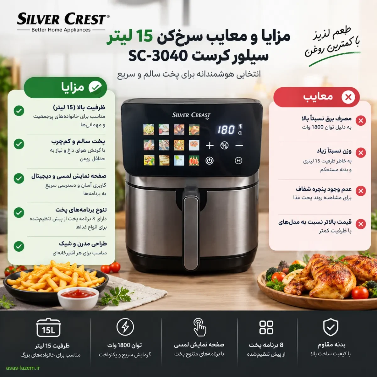 بررسی مزایا و معایب سرخکن سیلور کرست SC-3040 مزایا و معایب سرخکن 15 لیتر سیلور کرست SC-3040