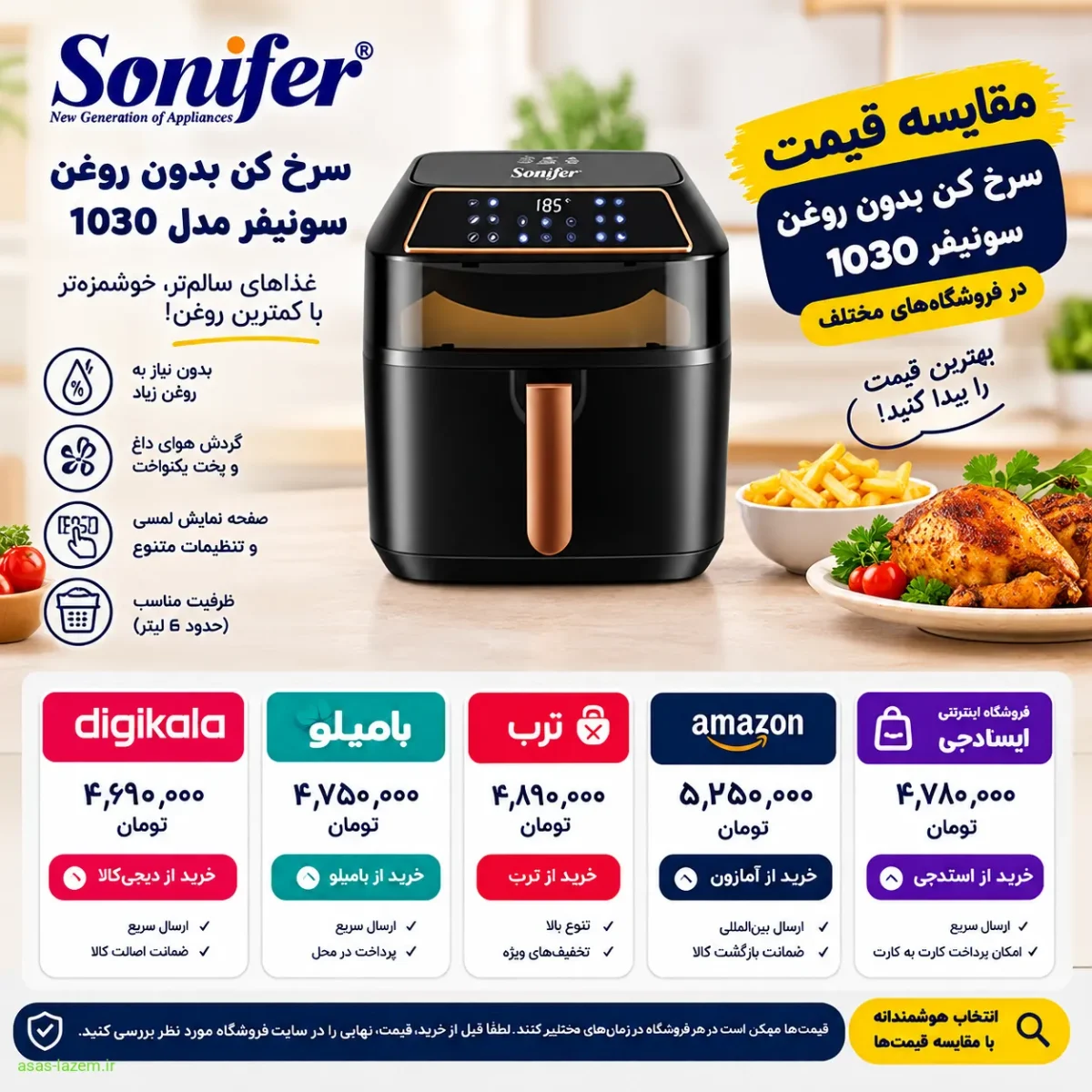 قیمت سرخ کن بدون روغن سونیفر 1030 در فروشگاه‌های مختلف