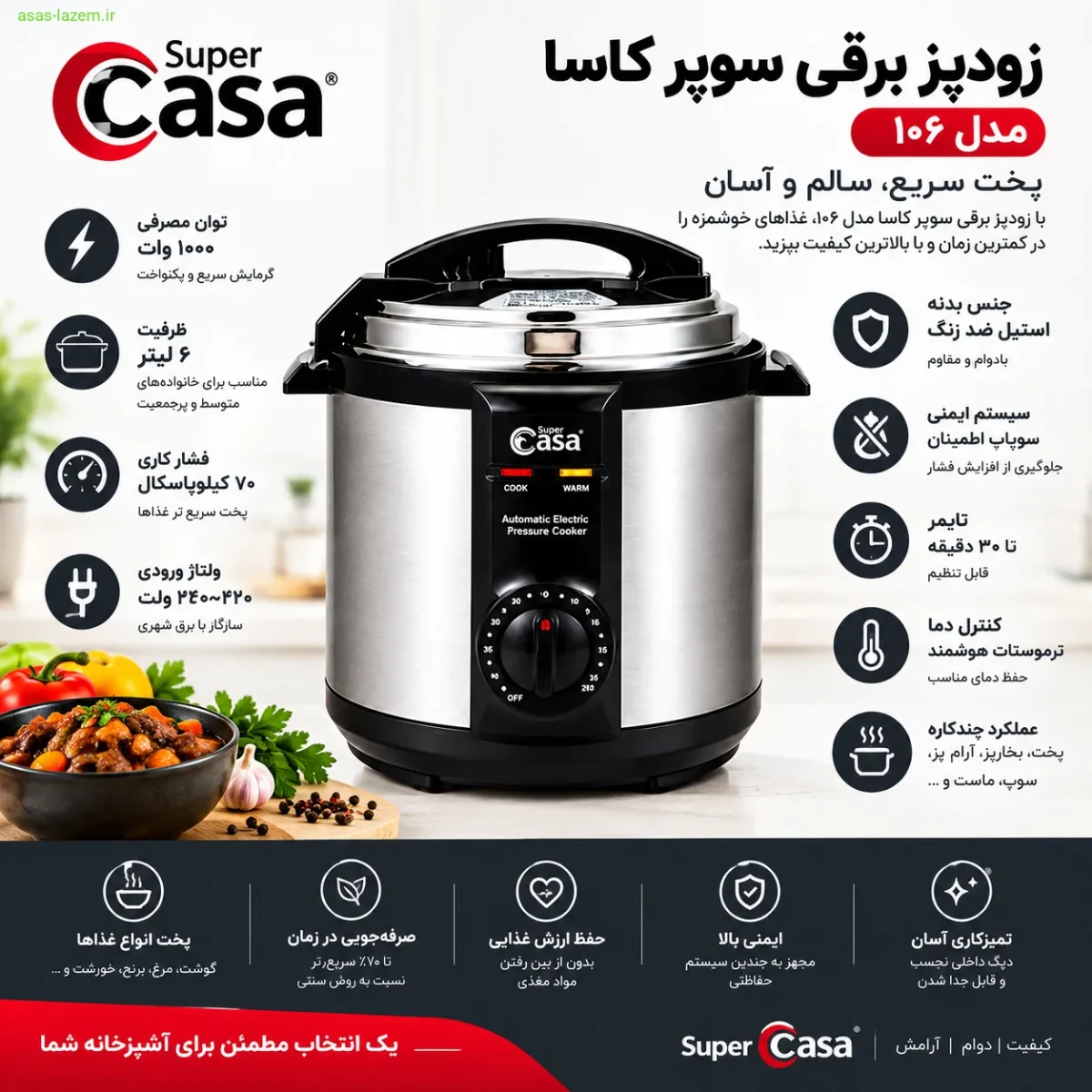 مشخصات فنی زودپز برقی سوپر کاسا مدل ۱۰۶