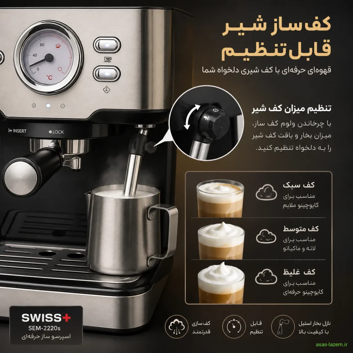 کف ساز شیر قابل تنظیم قهوه ساز سوئیس پلاس SEM-2220s