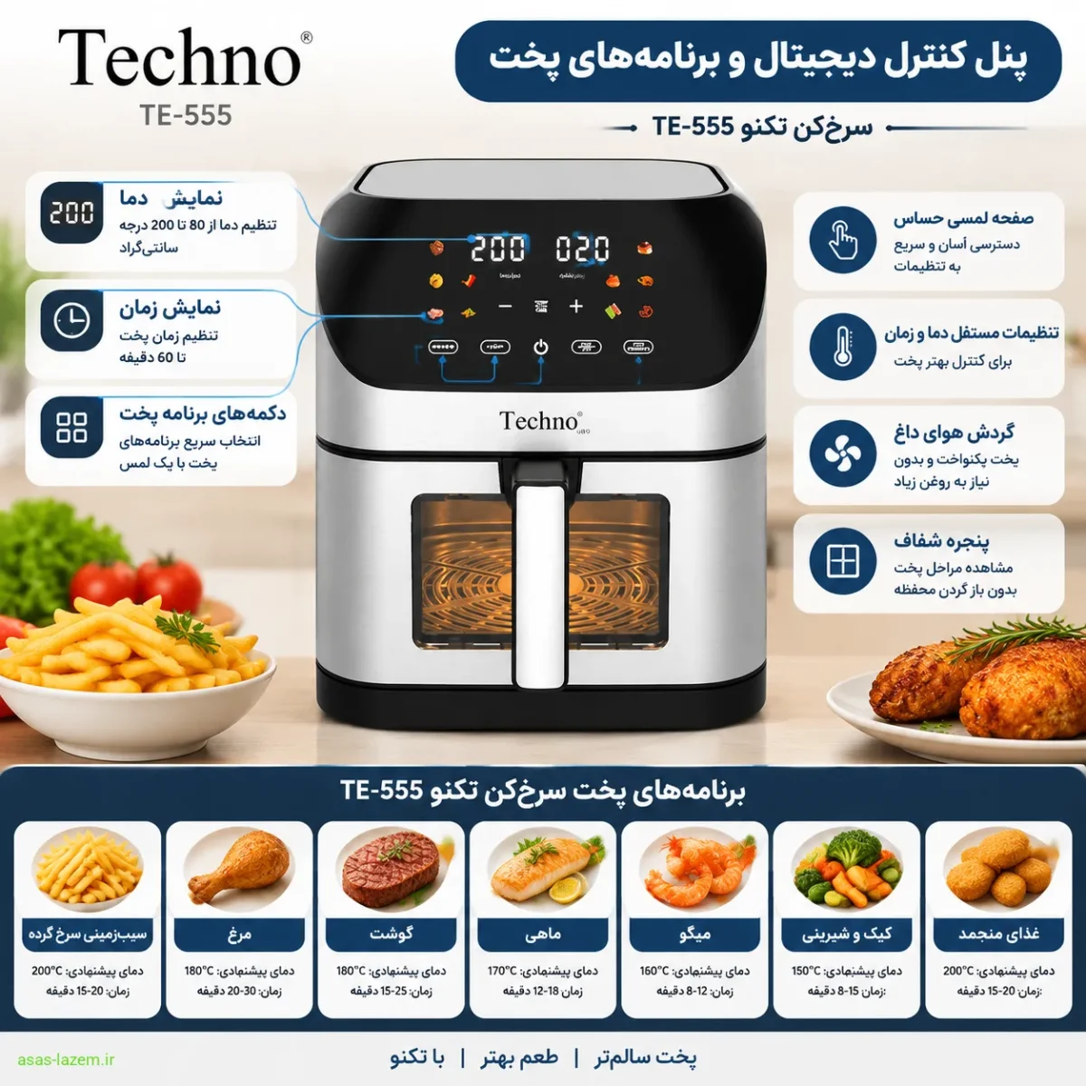 پنل کنترل دیجیتال و برنامه‌های پخت سرخ‌کن تکنو TE-555