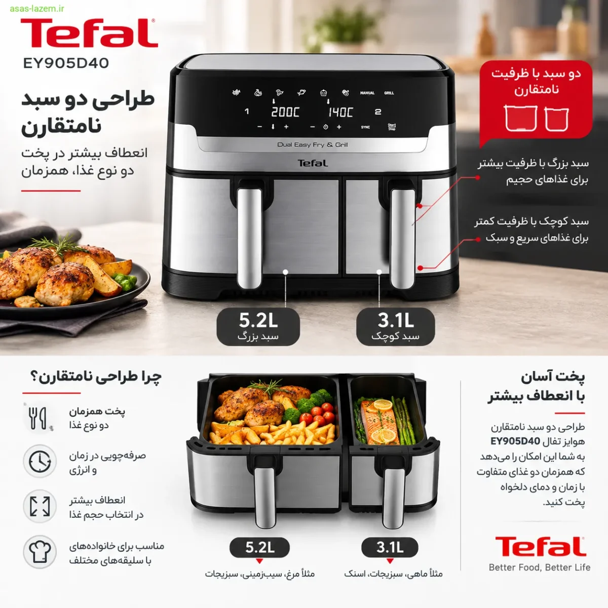 طراحی دو سبد نامتقارن هواپز تفال EY905D40