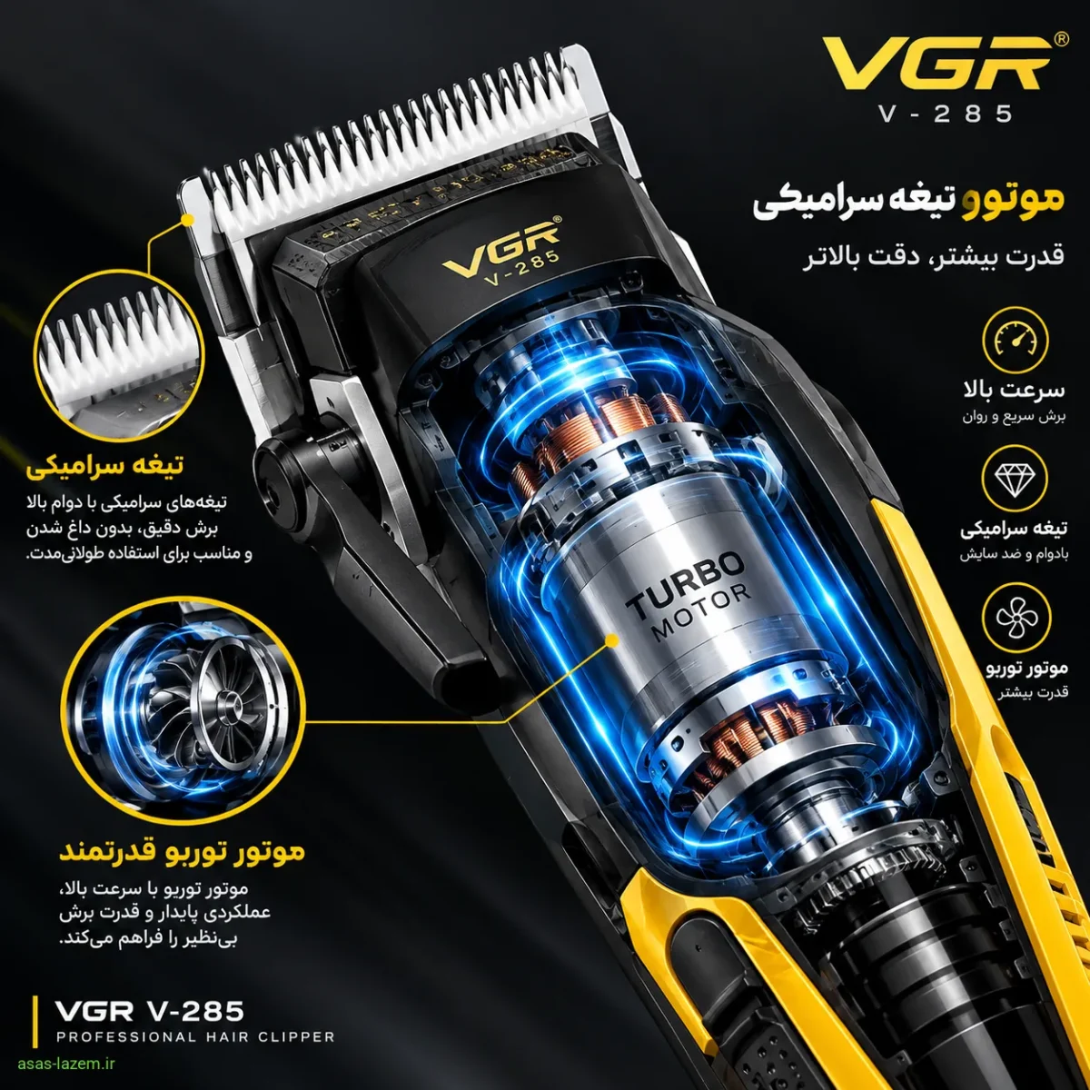 نمای نزدیک از موتور توربو و تیغه سرامیکی ماشین اصلاح VGR V-285