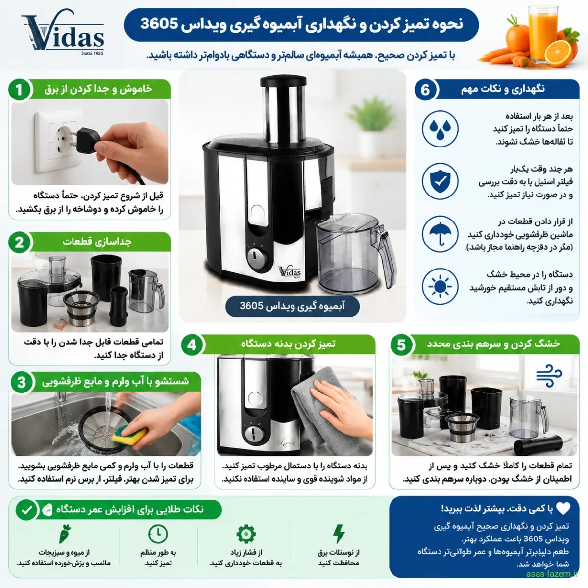 نحوه تمیز کردن و نگهداری آبمیوه گیری ویداس 3605