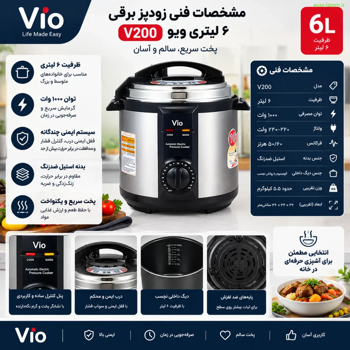 مشخصات فنی زودپز برقی ۶ لیتری ویو V200