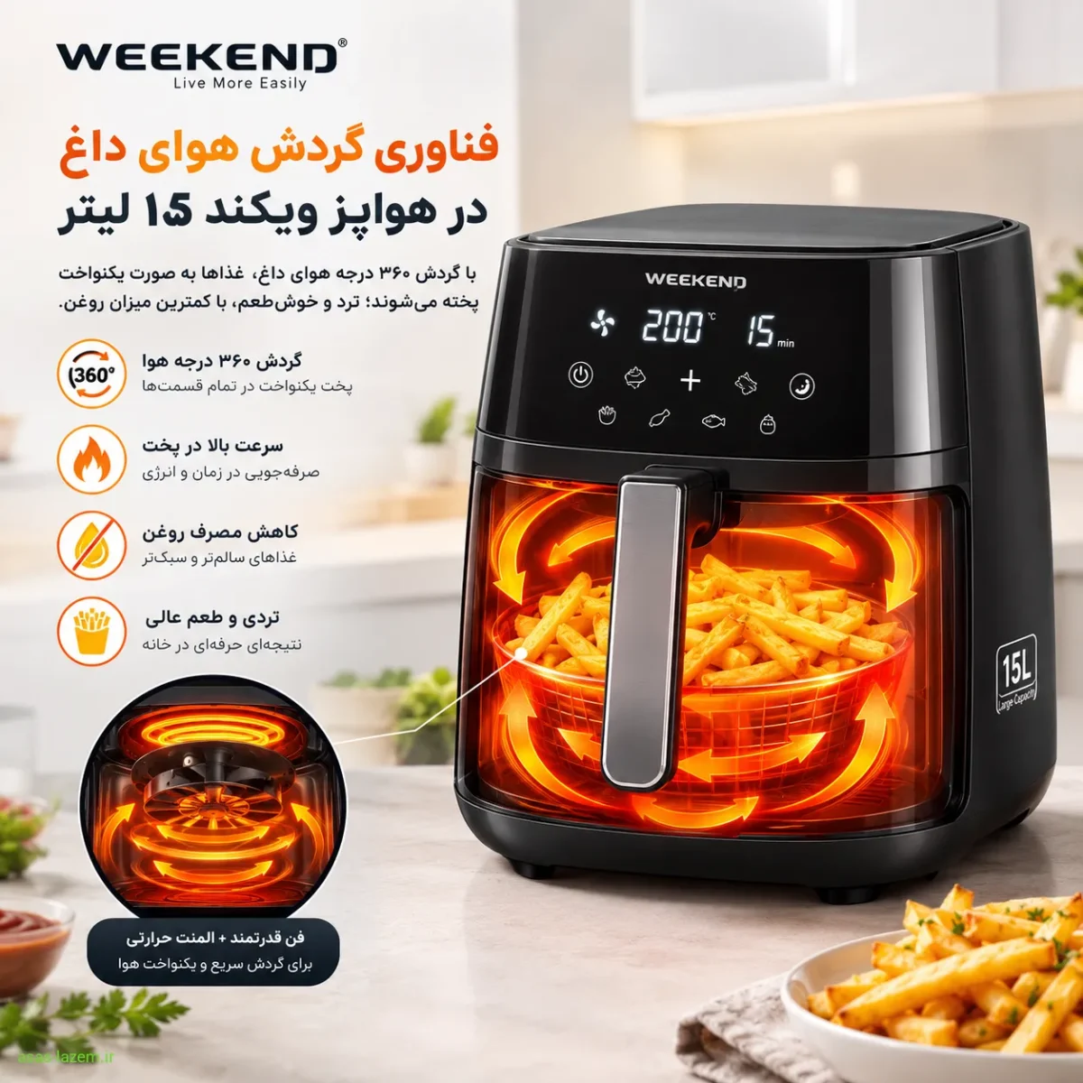 فناوری پخت هواپز ویکند WKAF-7015 فناوری گردش هوای داغ در هواپز ویکند 15 لیتر