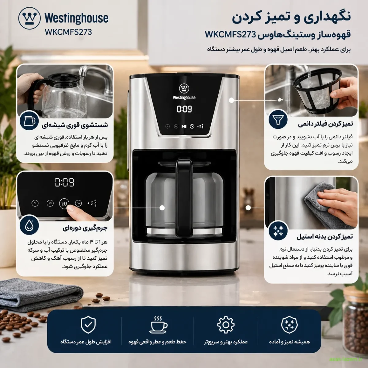 نگهداری و تمیز کردن قهوه‌ساز وستینگ‌هاوس WKCMFS273
