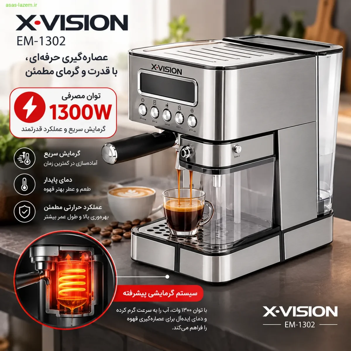 توان ۱۳۰۰ وات و عملکرد حرارتی اسپرسوساز ایکس ویژن EM-1302