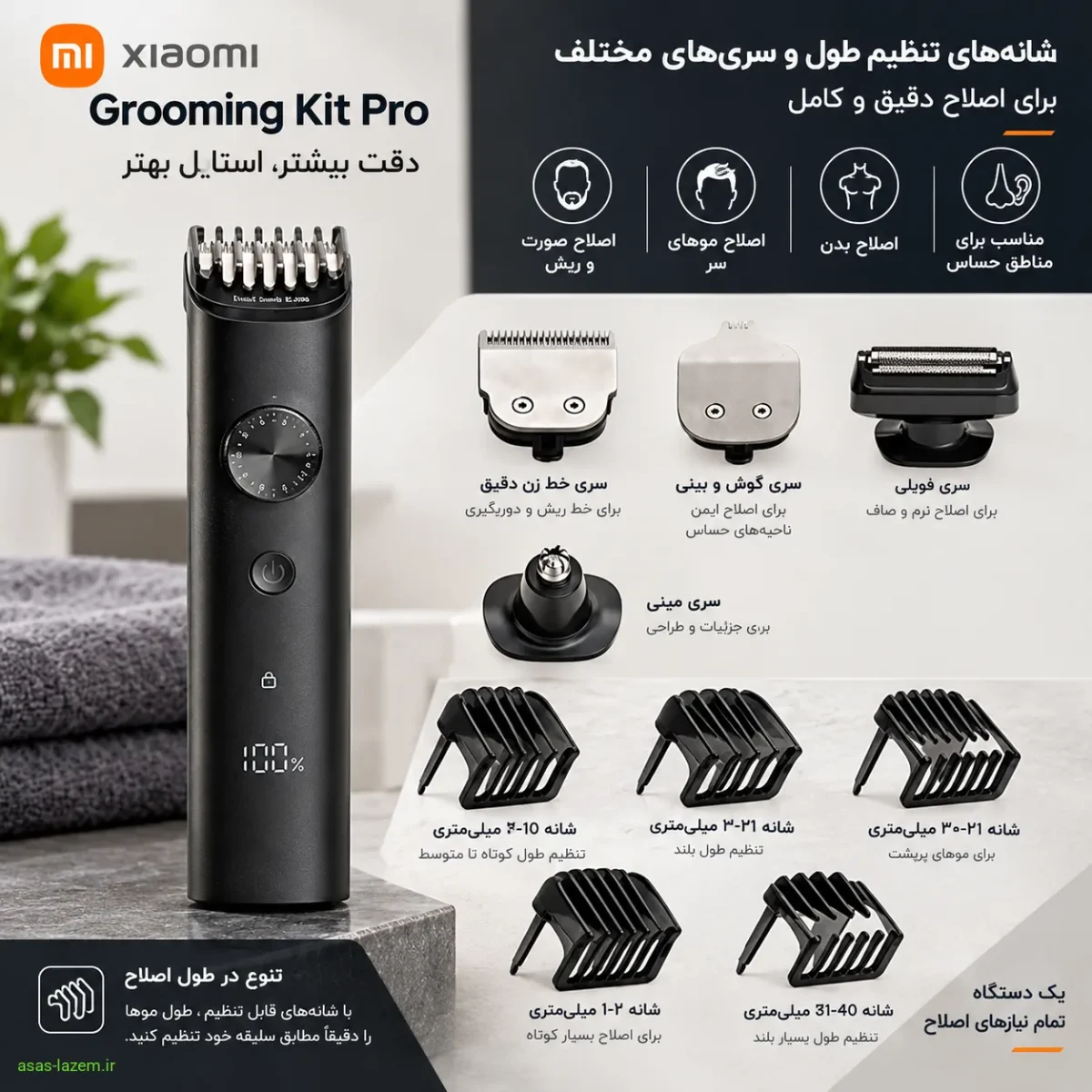 شانه‌های تنظیم طول و سری‌های مختلف ماشین اصلاح شیائومی Grooming Kit Pro برای اصلاح دقیق