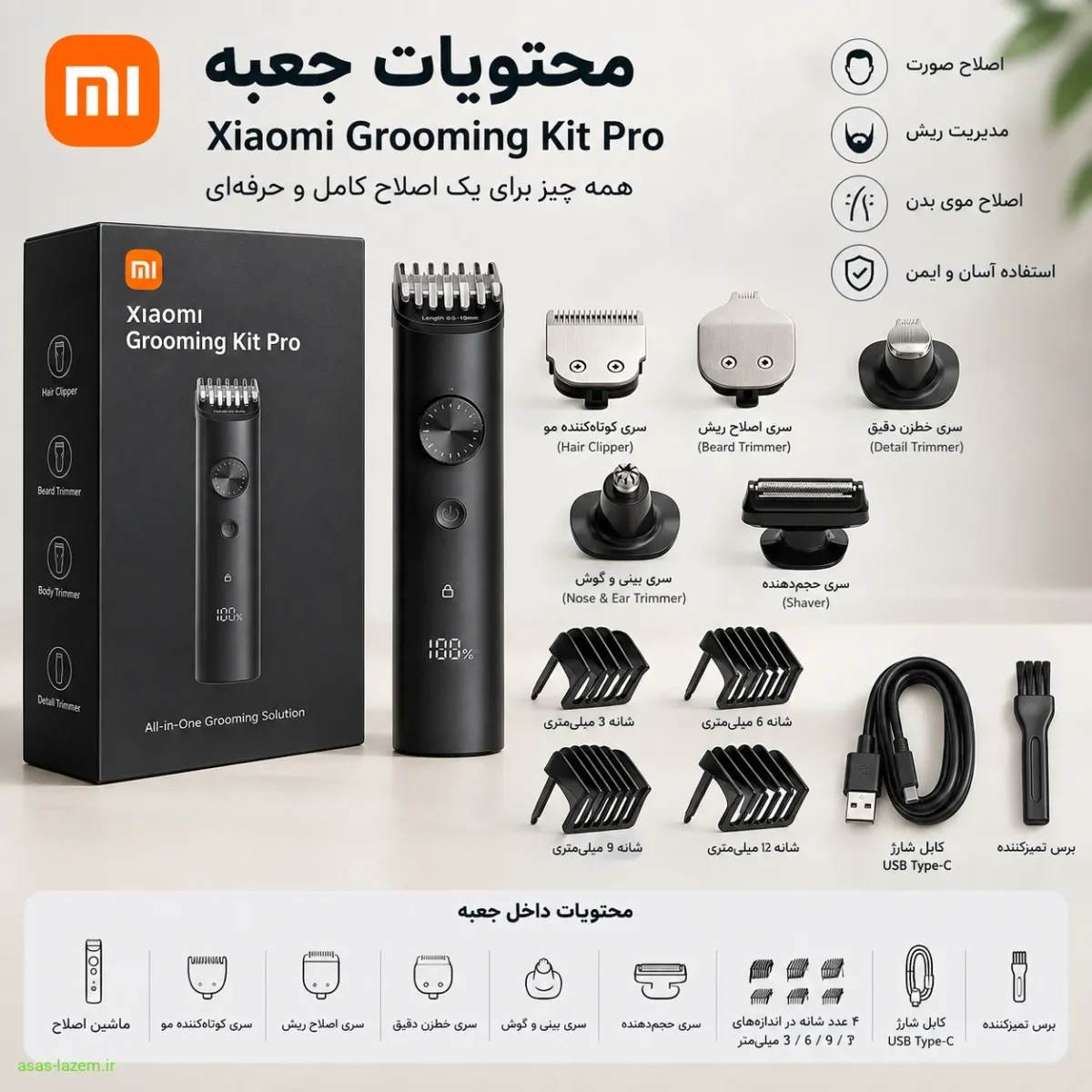 محتویات جعبه ماشین اصلاح شیائومی Grooming Kit Pro با سری‌ها و شانه‌های مختلف