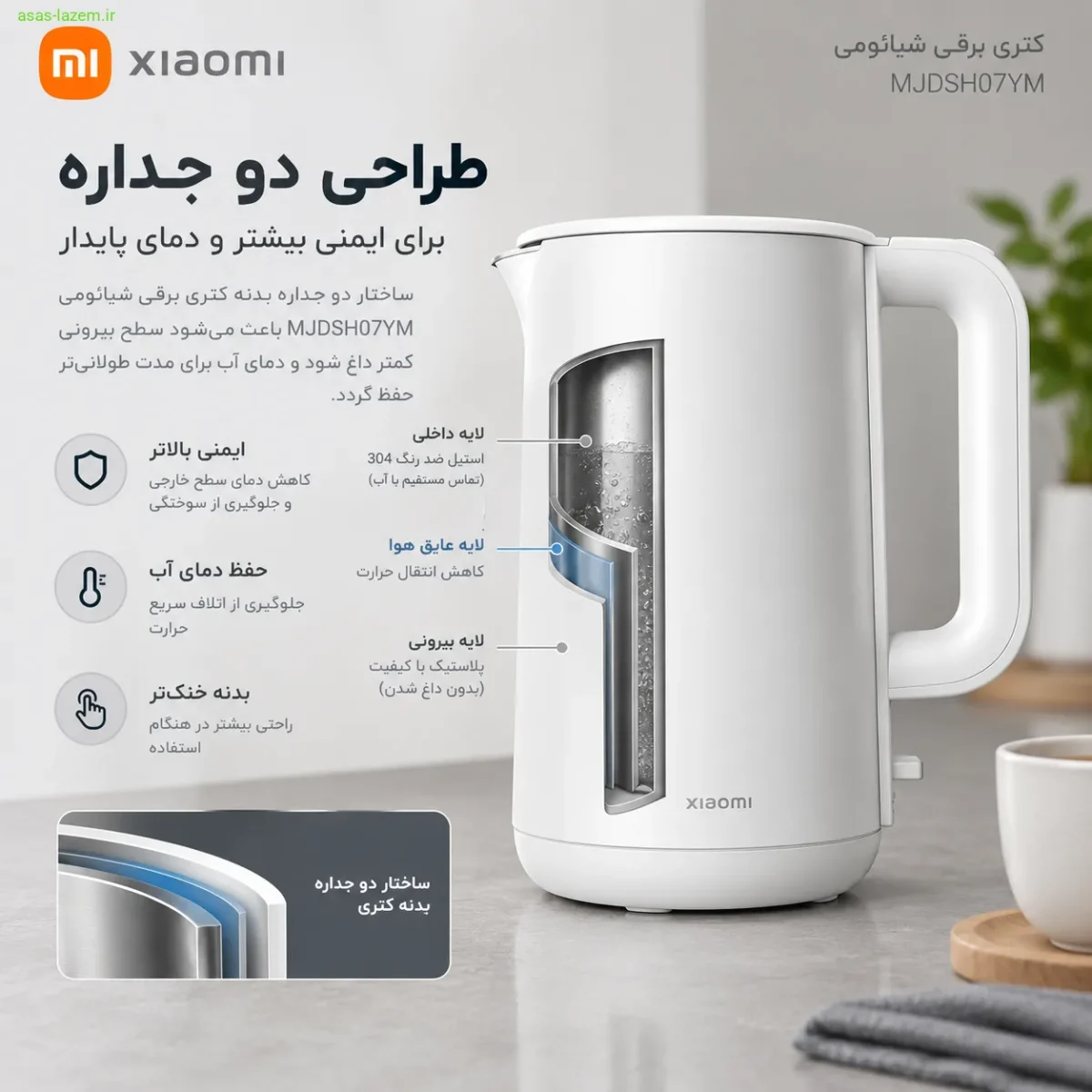 طراحی دو جداره کتری برقی شیائومی MJDSH07YM
