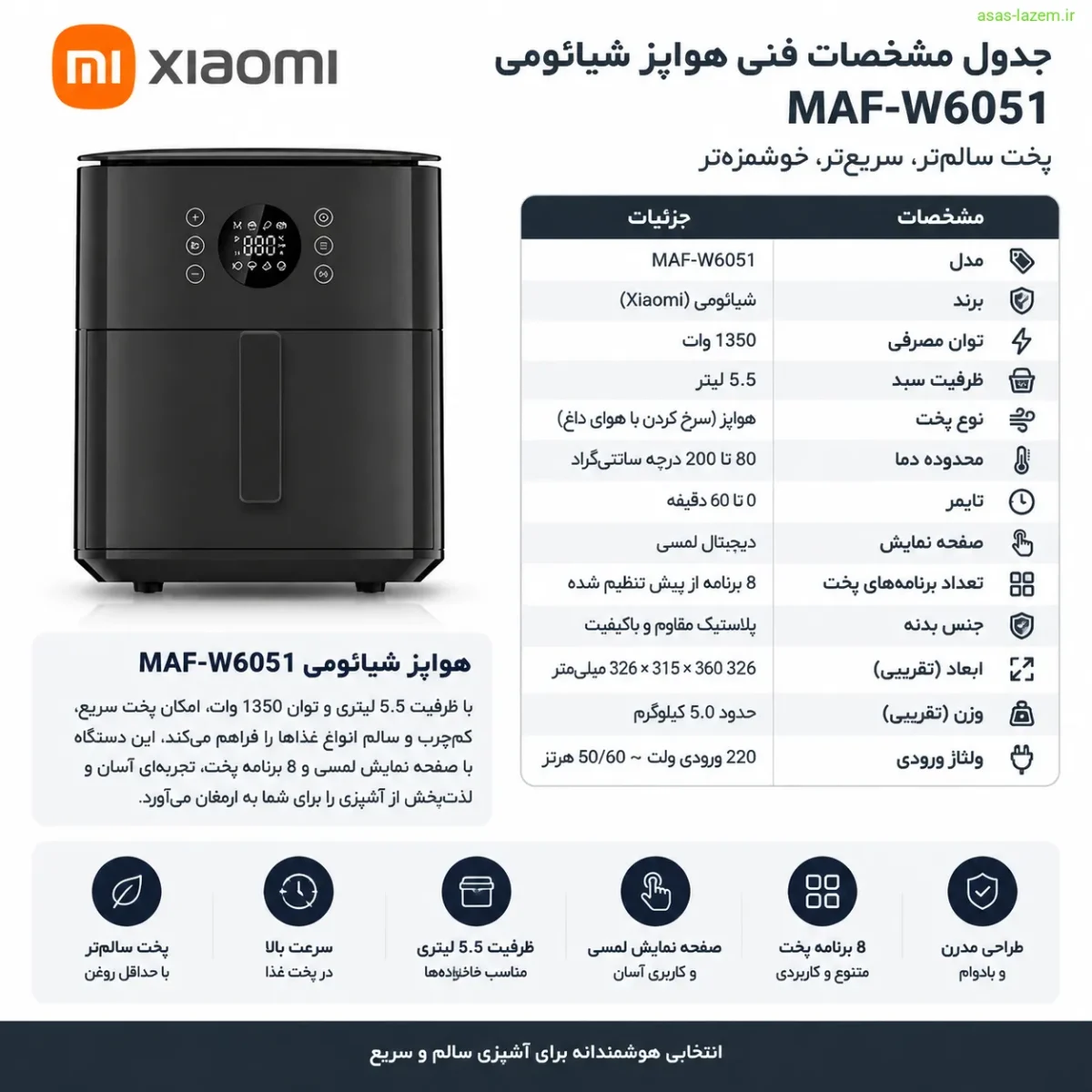 جدول مشخصات فنی هواپز شیائومی MAF-W6051
