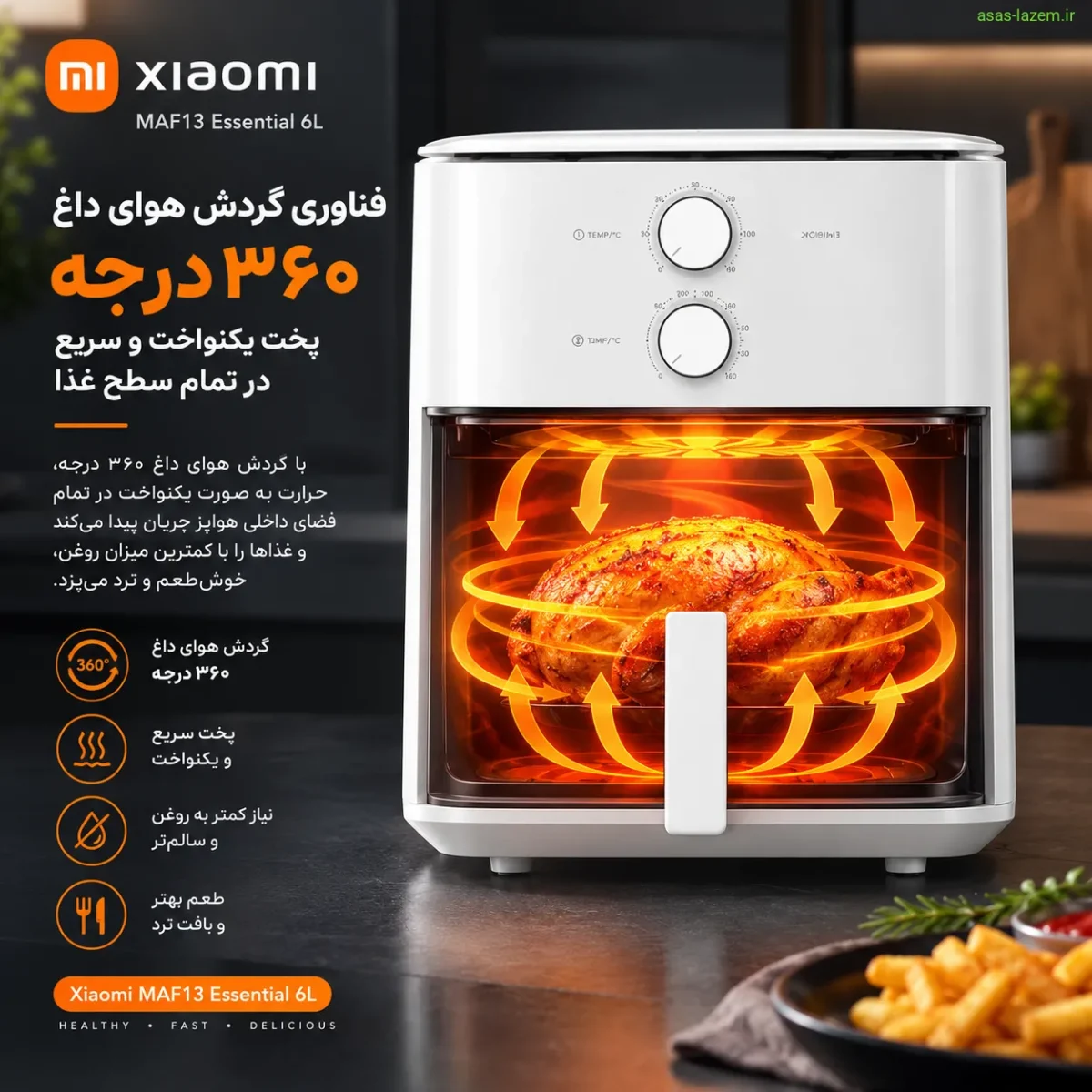 سیستم پخت هواپز شیائومی MAF13 Essential 6L فناوری گردش هوای داغ ۳۶۰ درجه در هواپز شیائومی MAF13 Essential 6L
