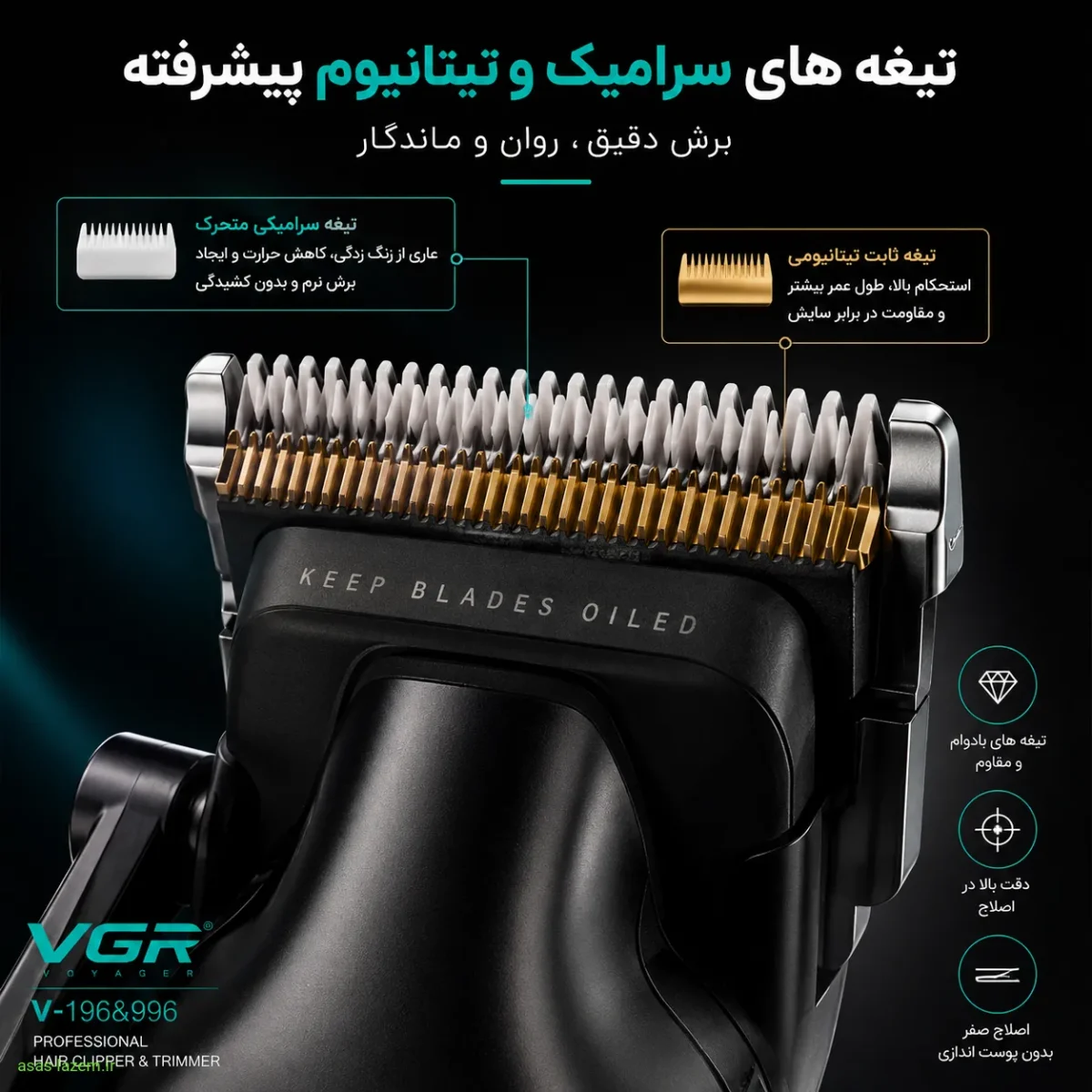 نمای نزدیک تیغه های سرامیک و تیتانیوم پیشرفته ماشین اصلاح وی جی ار