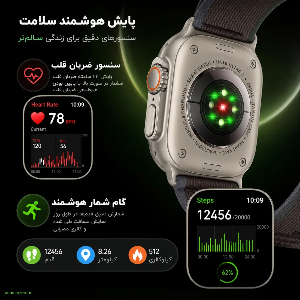 سنسورهای پایش ضربان قلب و گام شمار ساعت هوشمند ویرفیت HK10 اولترا 3