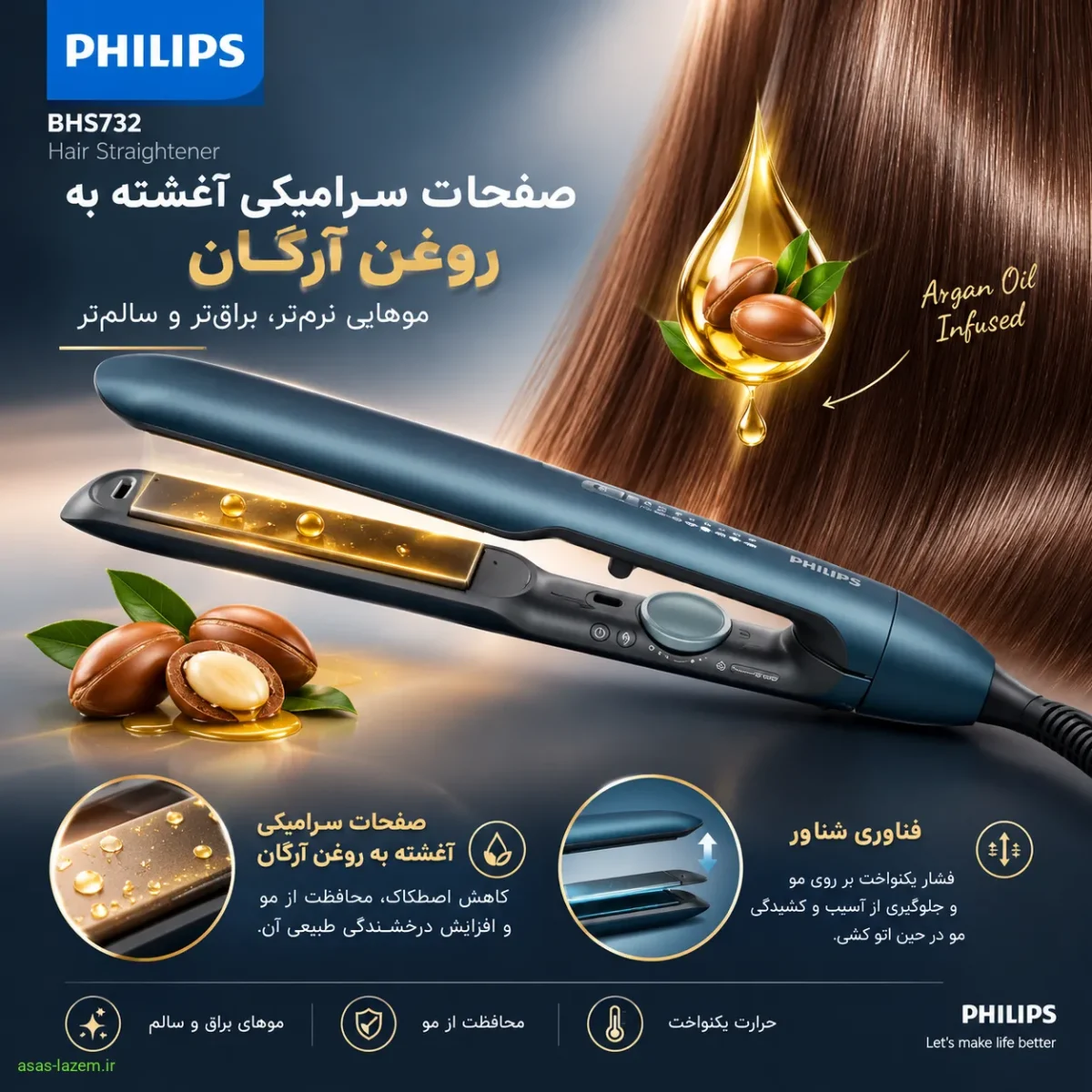صفحات سرامیکی آغشته به روغن آرگان و فناوری شناور در اتو مو فیلیپس BHS732