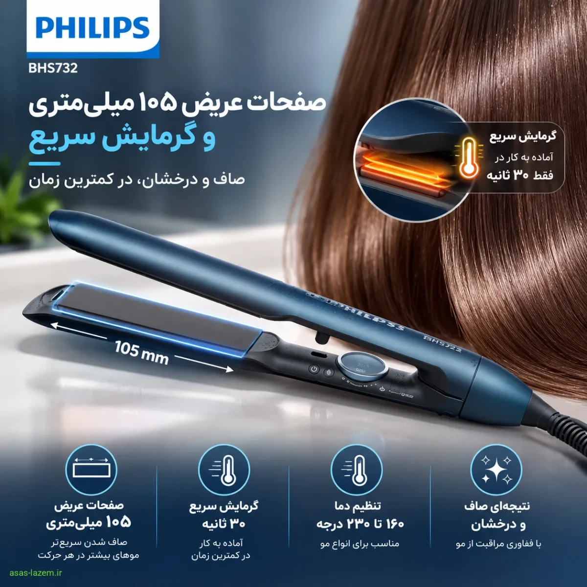 صفحات عریض ۱۰۵ میلی‌متری و گرمایش سریع اتو مو فیلیپس BHS732