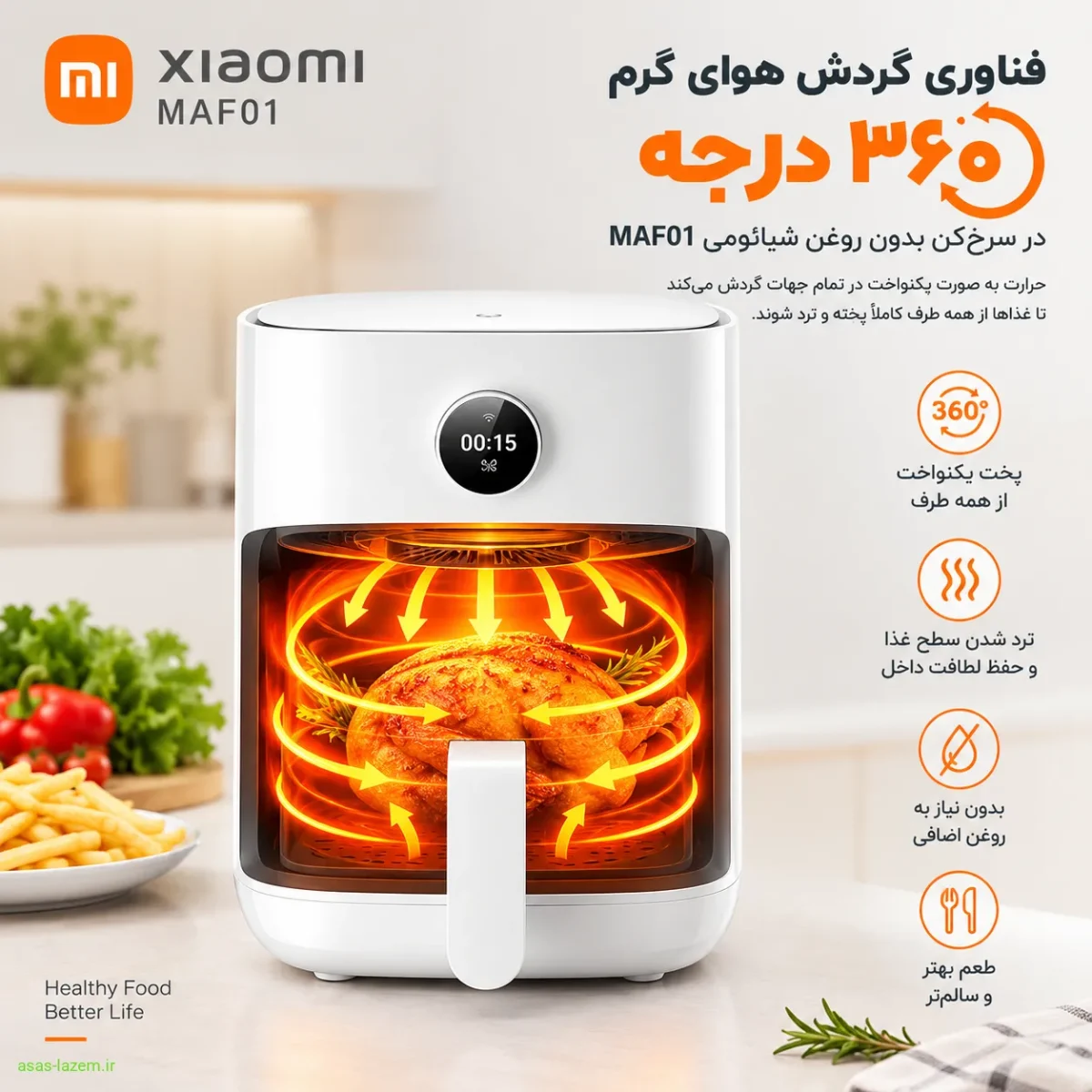 فناوری گردش هوای گرم ۳۶۰ درجه در سرخ کن بدون روغن شیائومی MAF01