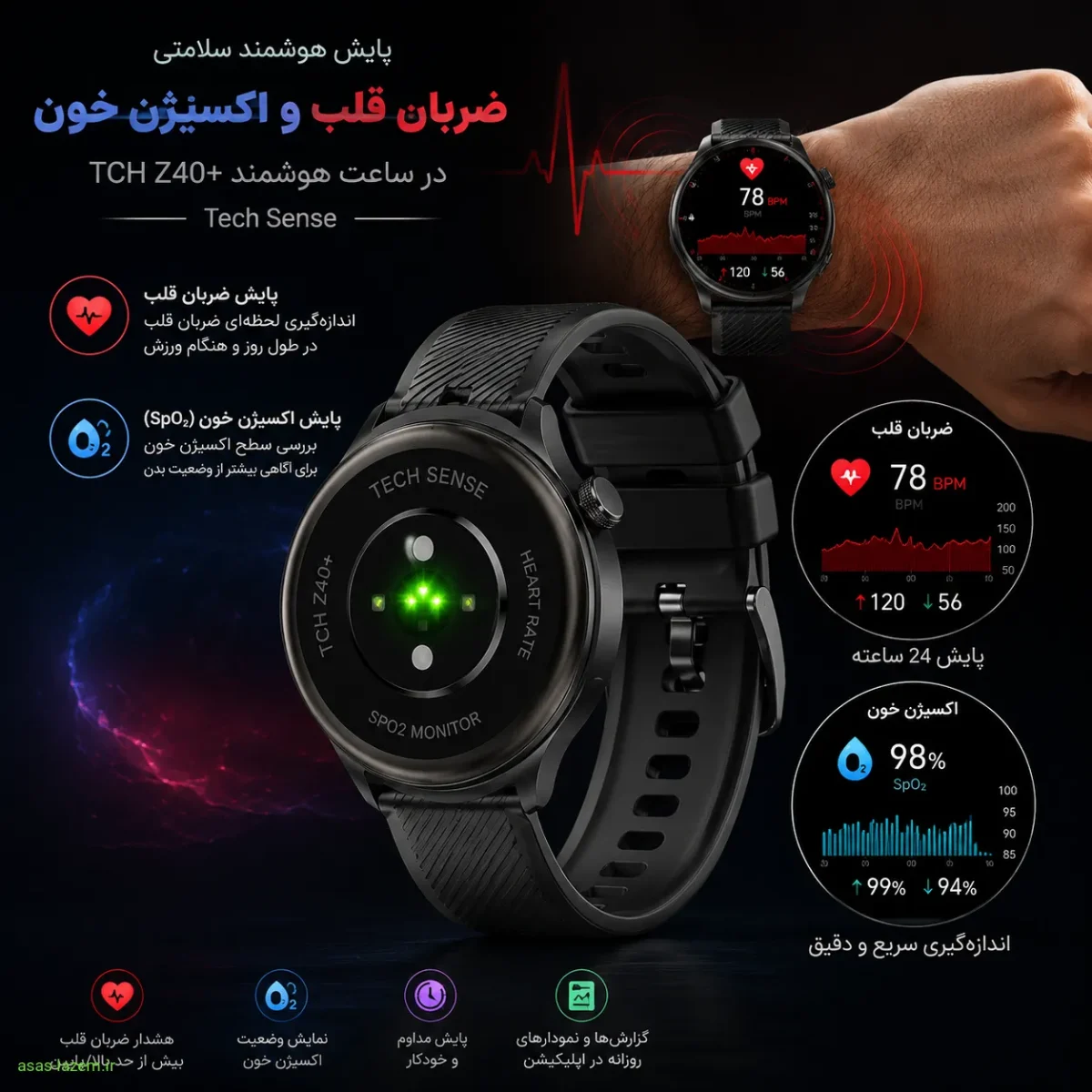 پایش ضربان قلب و اکسیژن خون در ساعت هوشمند تی سی اچ Z40+ Tech Sense