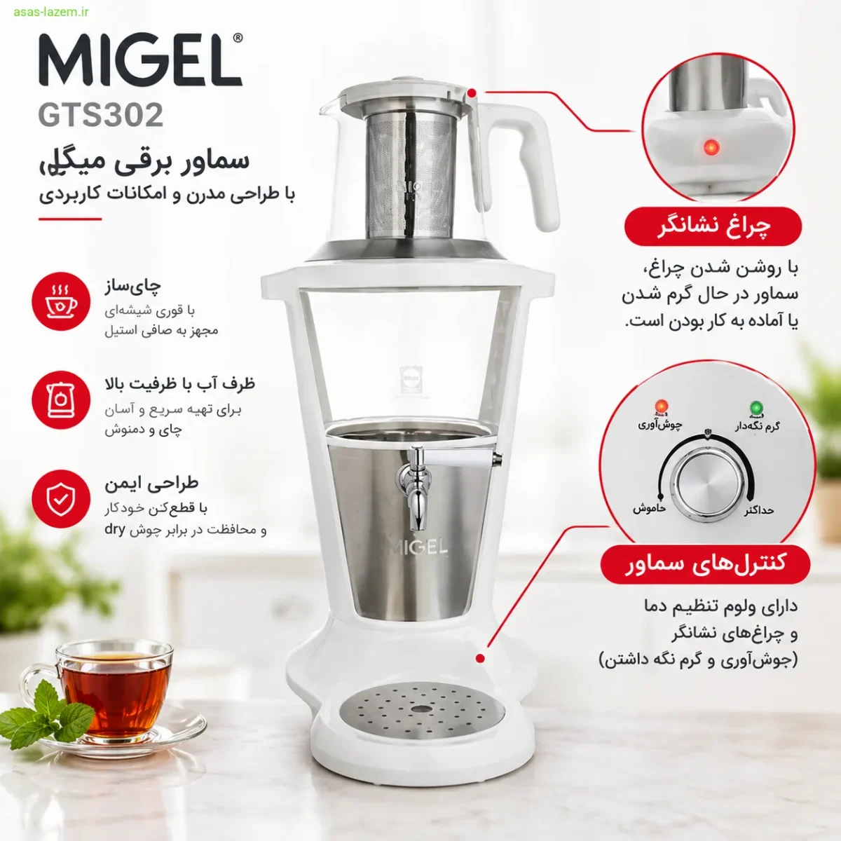 چراغ نشانگر و کنترل‌های سماور برقی میگل GTS302