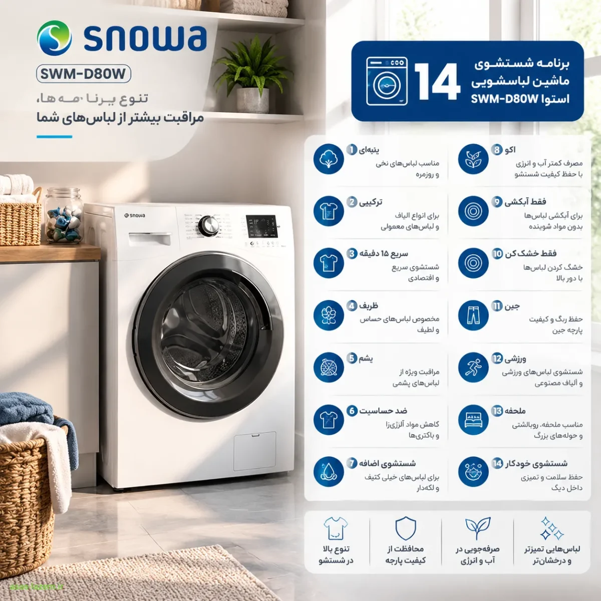 ۱۴ برنامه شستشوی ماشین لباسشویی اسنوا SWM-D80W