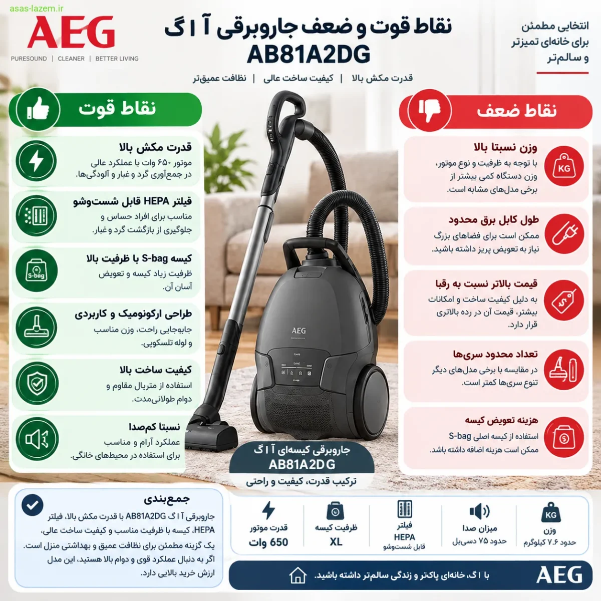 نقاط قوت و ضعف جاروبرقی آ ا گ AB81A2DG