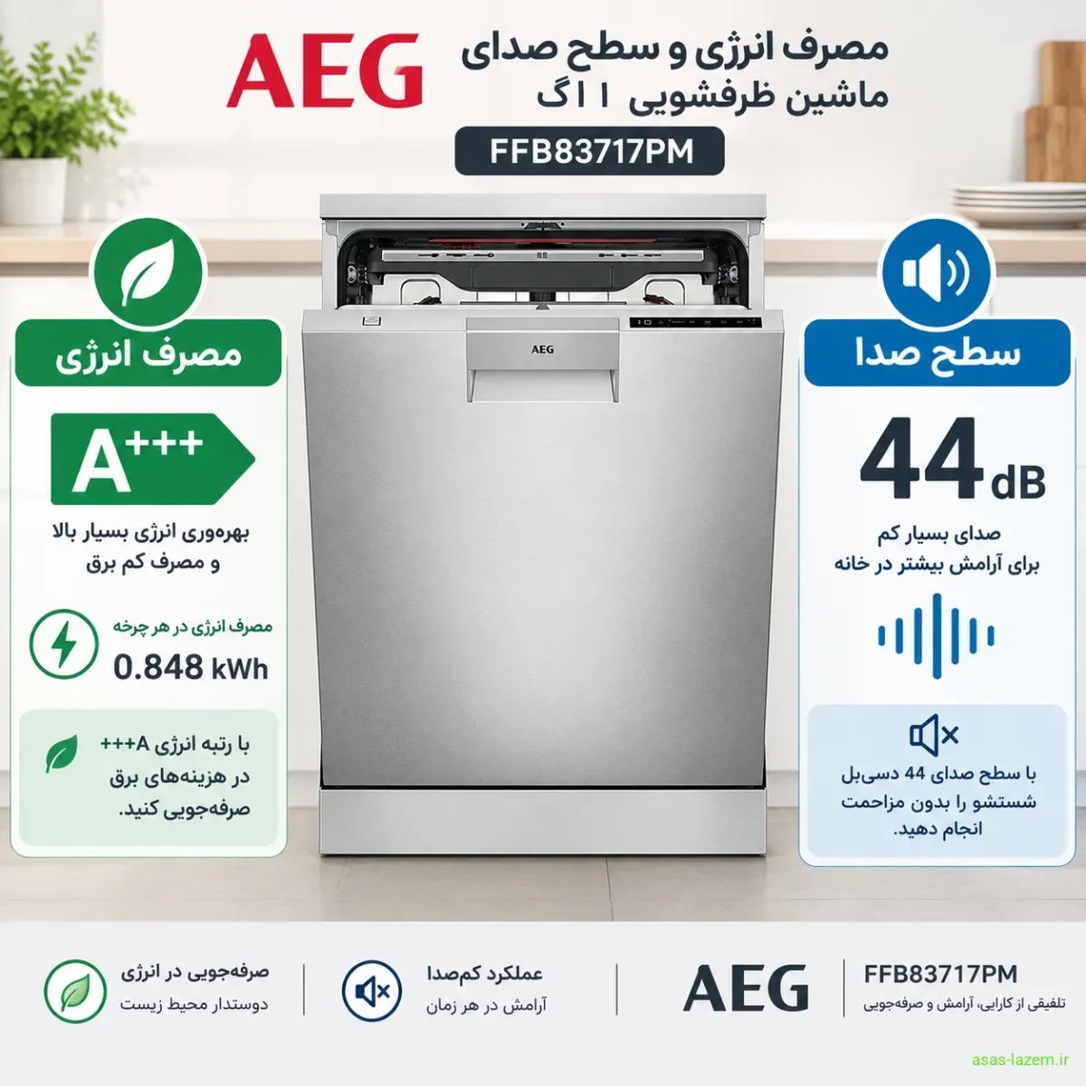 مصرف انرژی و سطح صدای ماشین ظرفشویی آ ا گ FFB83717PM