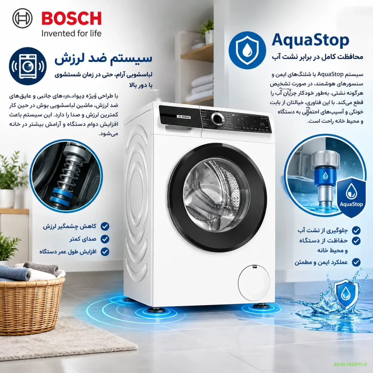 سیستم ضد لرزش و محافظت از آب AquaStop در ماشین لباسشویی بوش