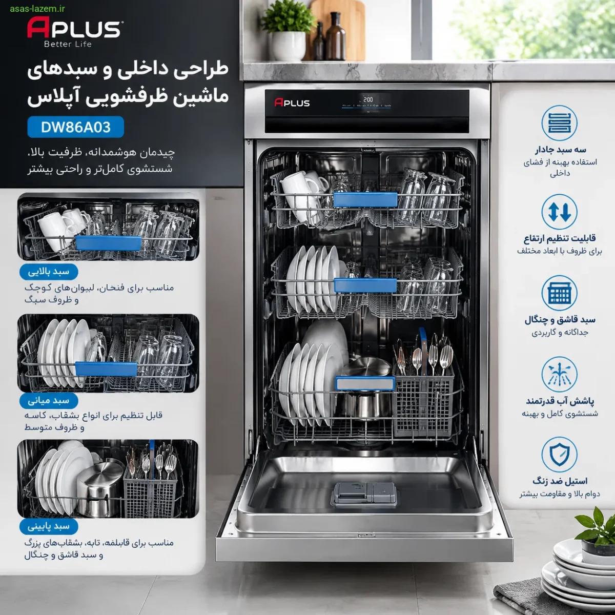 طراحی داخلی و سبدهای ماشین ظرفشویی آپلاس DW86A03