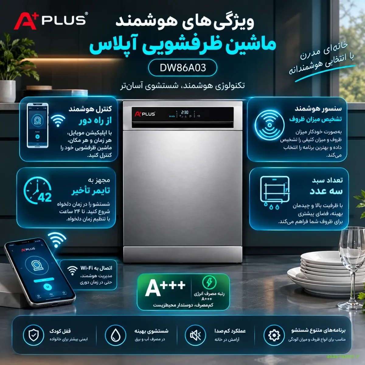 ویژگی‌های هوشمند ماشین ظرفشویی آپلاس DW86A03