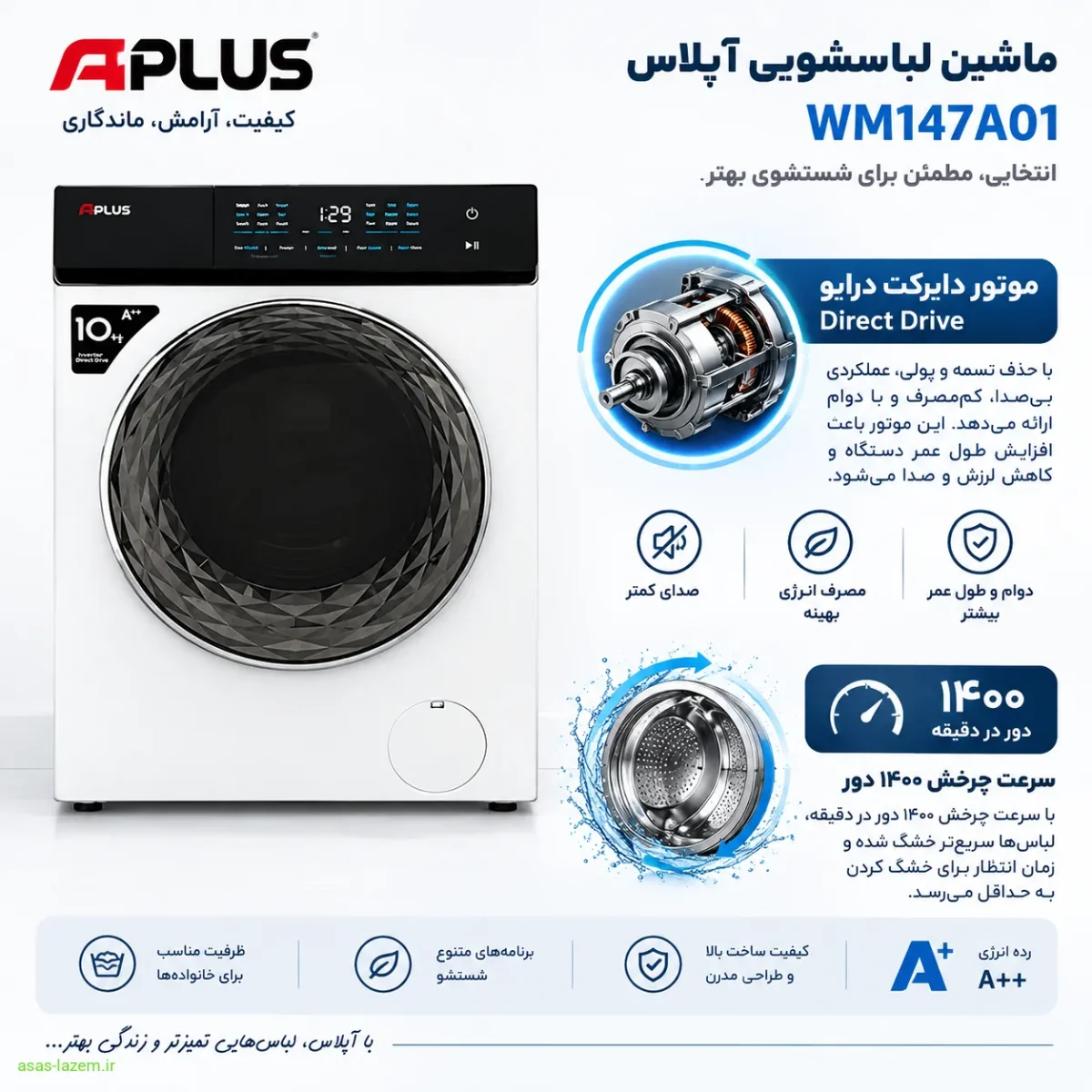 مشخصات فنی ماشین لباسشویی آپلاس WM147A01 شامل موتور دایرکت درایو و سرعت ۱۴۰۰ دور