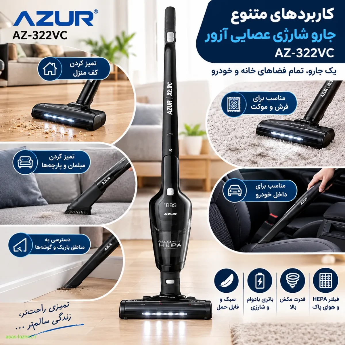کاربردهای جارو شارژی عصایی آزور AZ-322VC کاربردهای جارو شارژی عصایی آزور AZ-322VC