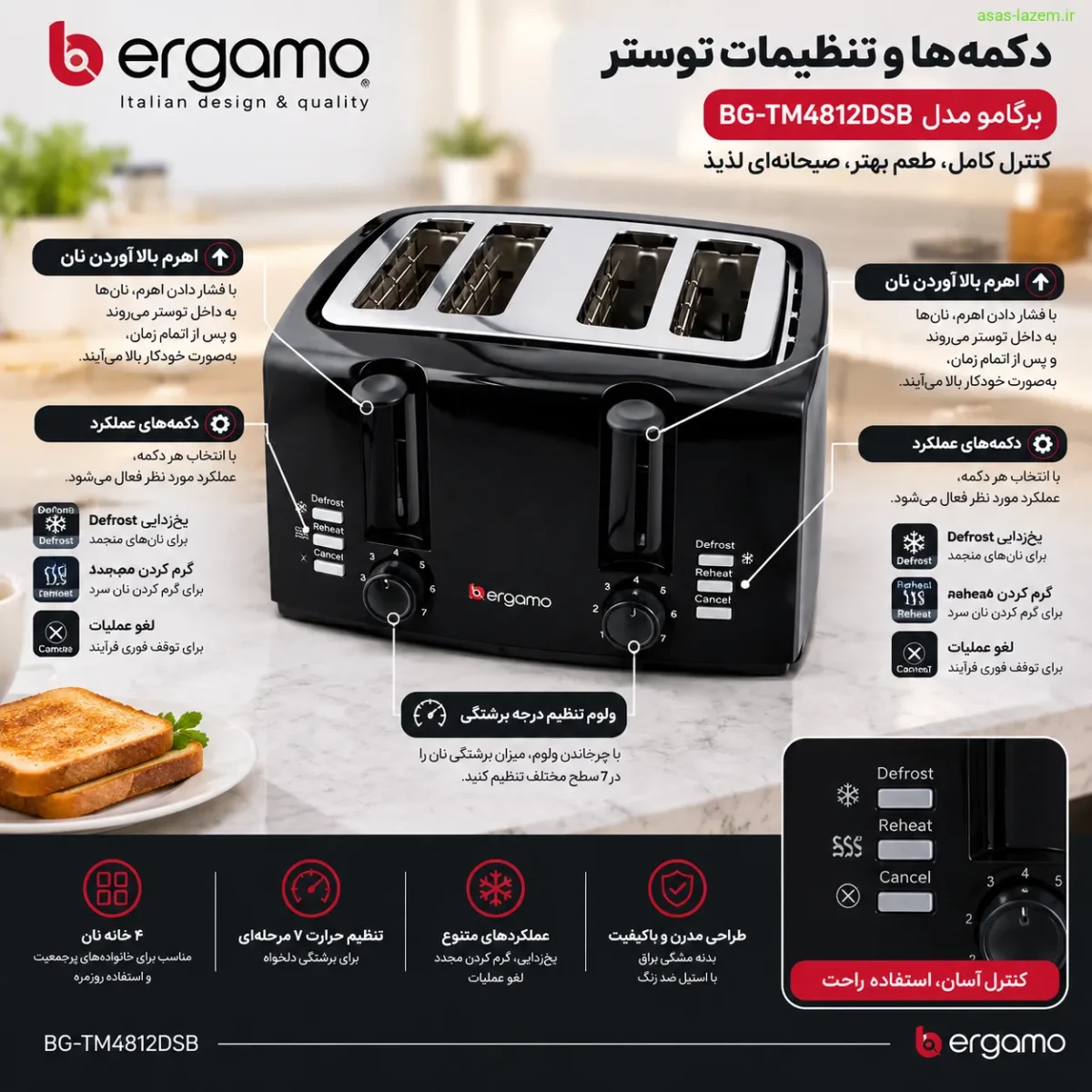 دکمه‌ها و تنظیمات توستر برگامو BG-TM4812DSB