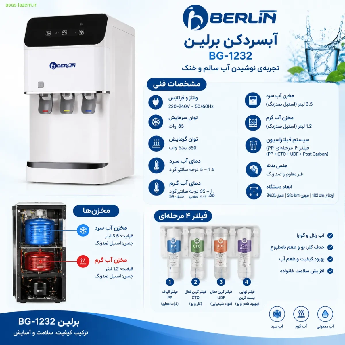 مشخصات فنی آبسردکن برلین BG-1232 شامل مخزن و فیلتر