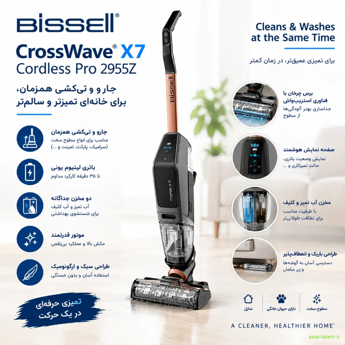 نمای کلی جارو شارژی بیسل CrossWave X7 Cordless Pro 2955Z