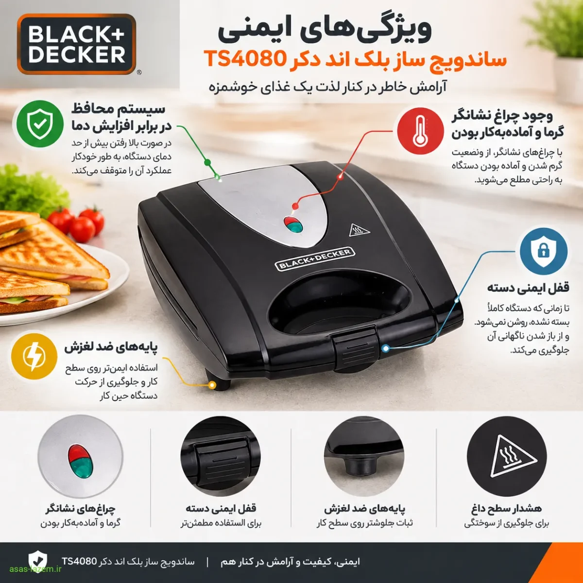 ویژگی‌های ایمنی ساندویچ ساز بلک اند دکر TS4080