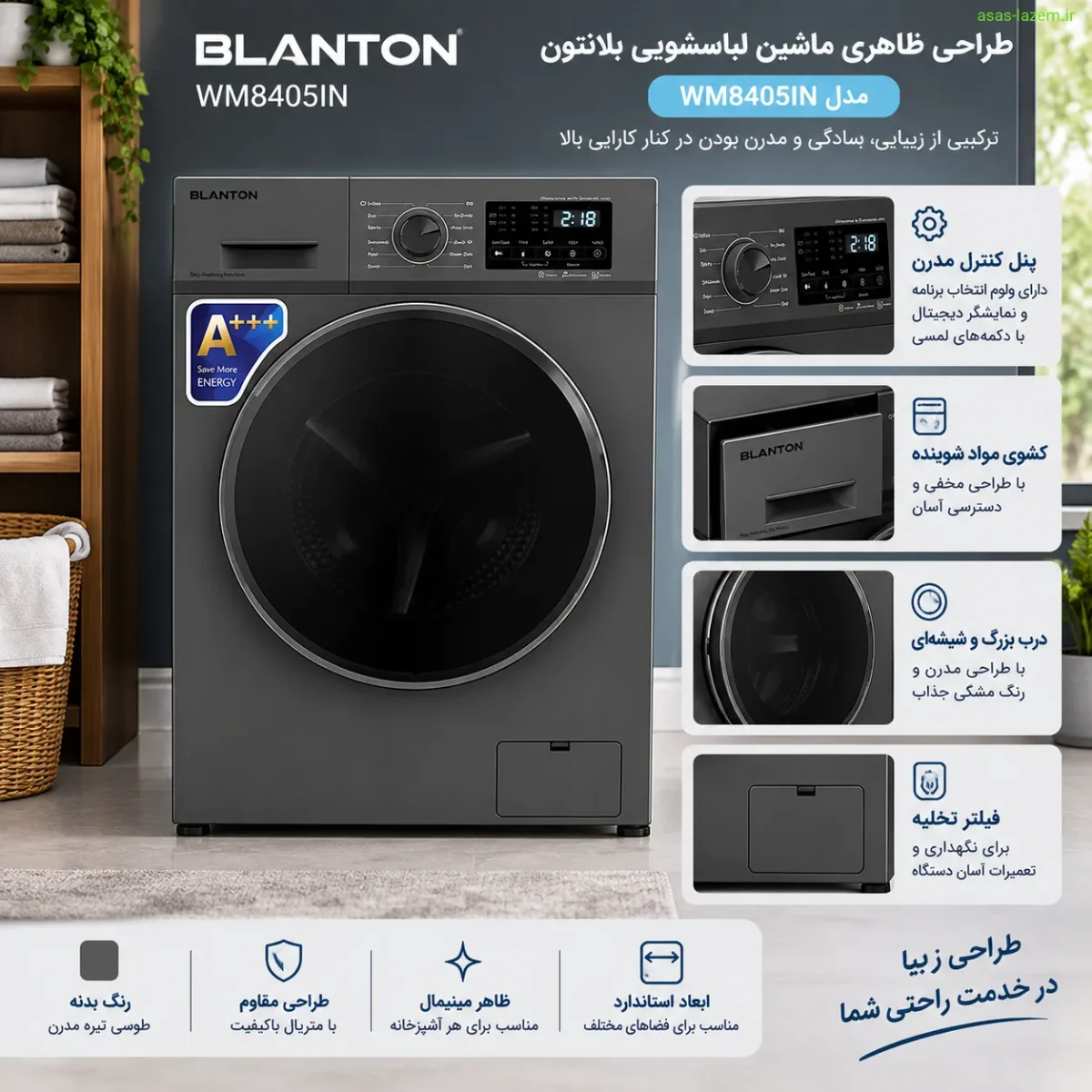 طراحی ظاهری ماشین لباسشویی بلانتون WM8405IN