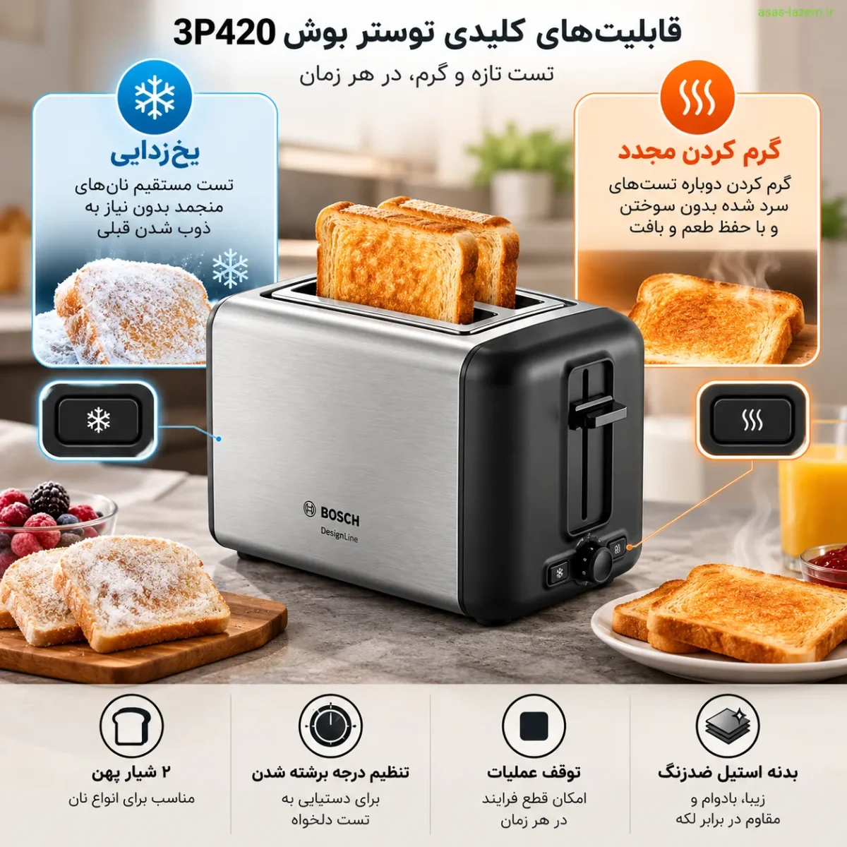 قابلیت‌های کلیدی توستر بوش 3P420 شامل یخ‌زدایی و گرم کردن مجدد
