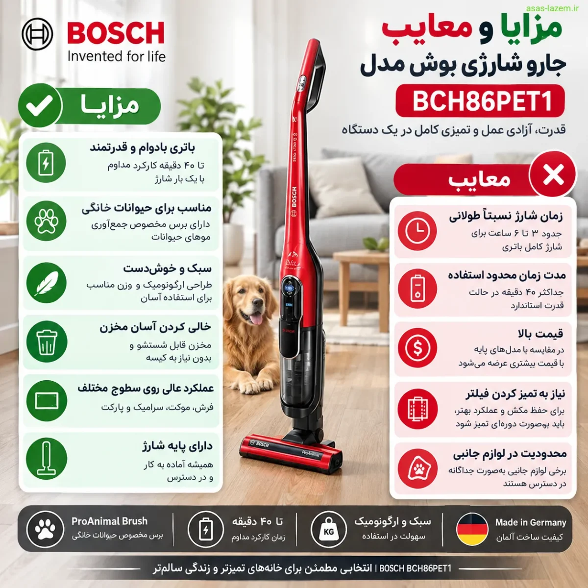 مزایا و معایب جارو شارژی بوش BCH86PET1