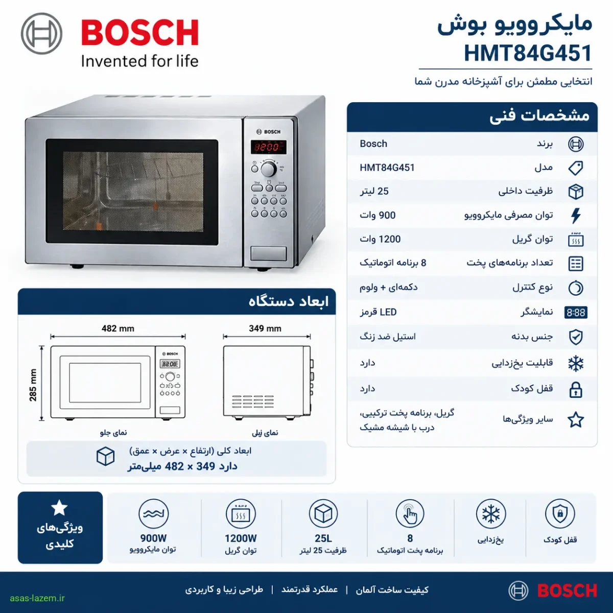 مشخصات فنی و ابعاد مایکروویو بوش HMT84G451