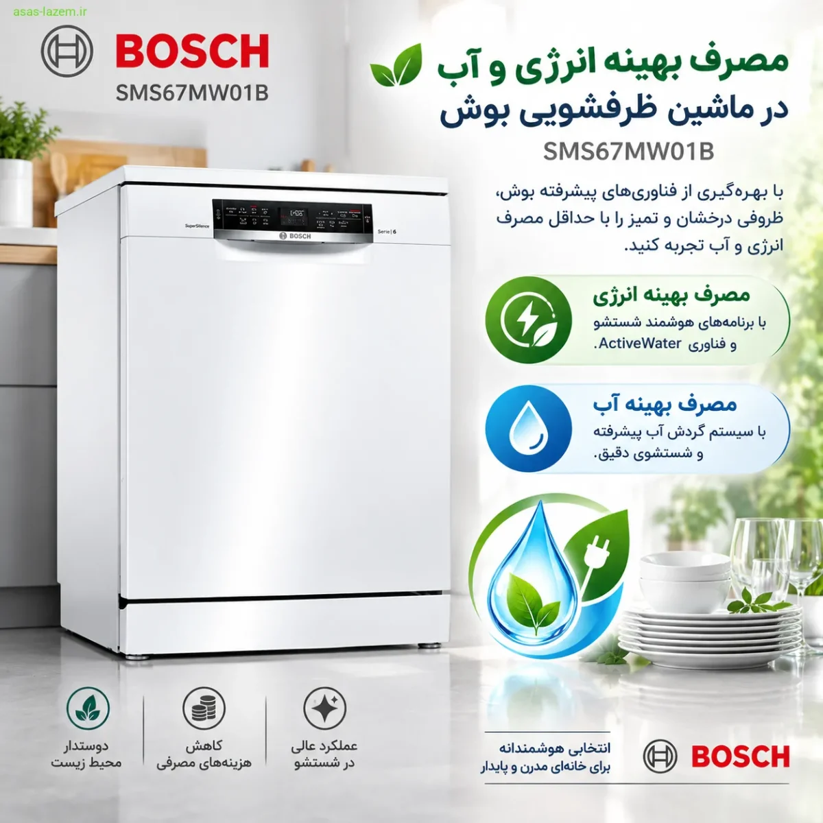مصرف بهینه انرژی و آب در ماشین ظرفشویی بوش SMS67MW01B